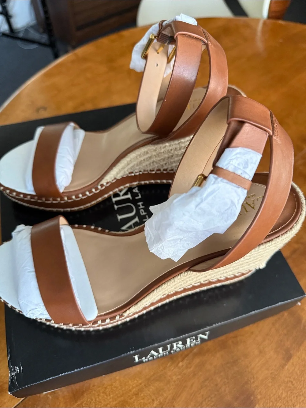 Lauren Ralph Lauren Brown and Cream Espadrille Wedge Sandals